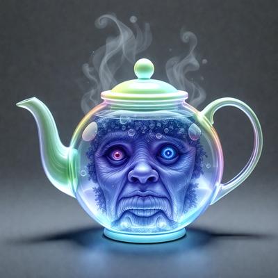 The primary subject of the image is a creepy, blue-eyed face with a mohawk haircut, which is painted on the side of a teapot. The teapot is colorful and has a unique design, making it stand out. The setting is a dark background, which adds to the eerie atmosphere of the image. The visual style is a combination of digital art and illustration, creating a striking and unconventional representation of the face on the teapot. The colors and mood